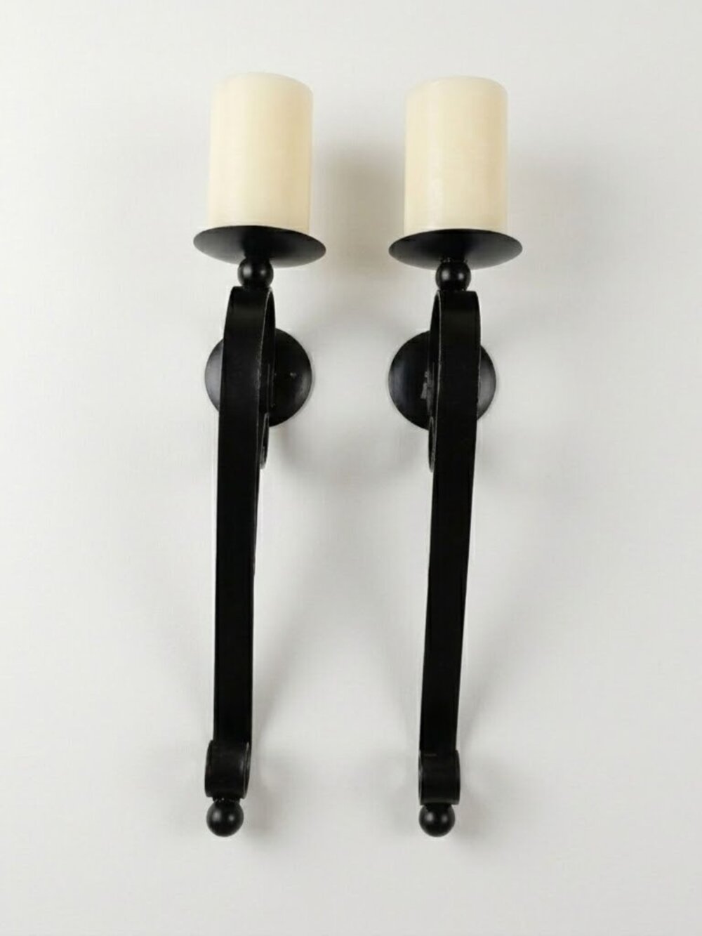 Wrought Iron Wall Sconces Classic Scroll Candle Holders Black Farmhouse Pair Vtg